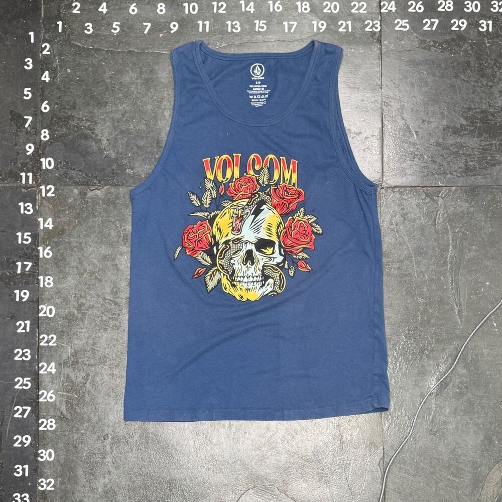 Volcom Men's Skull and Roses Graphic Tank Top in Blue